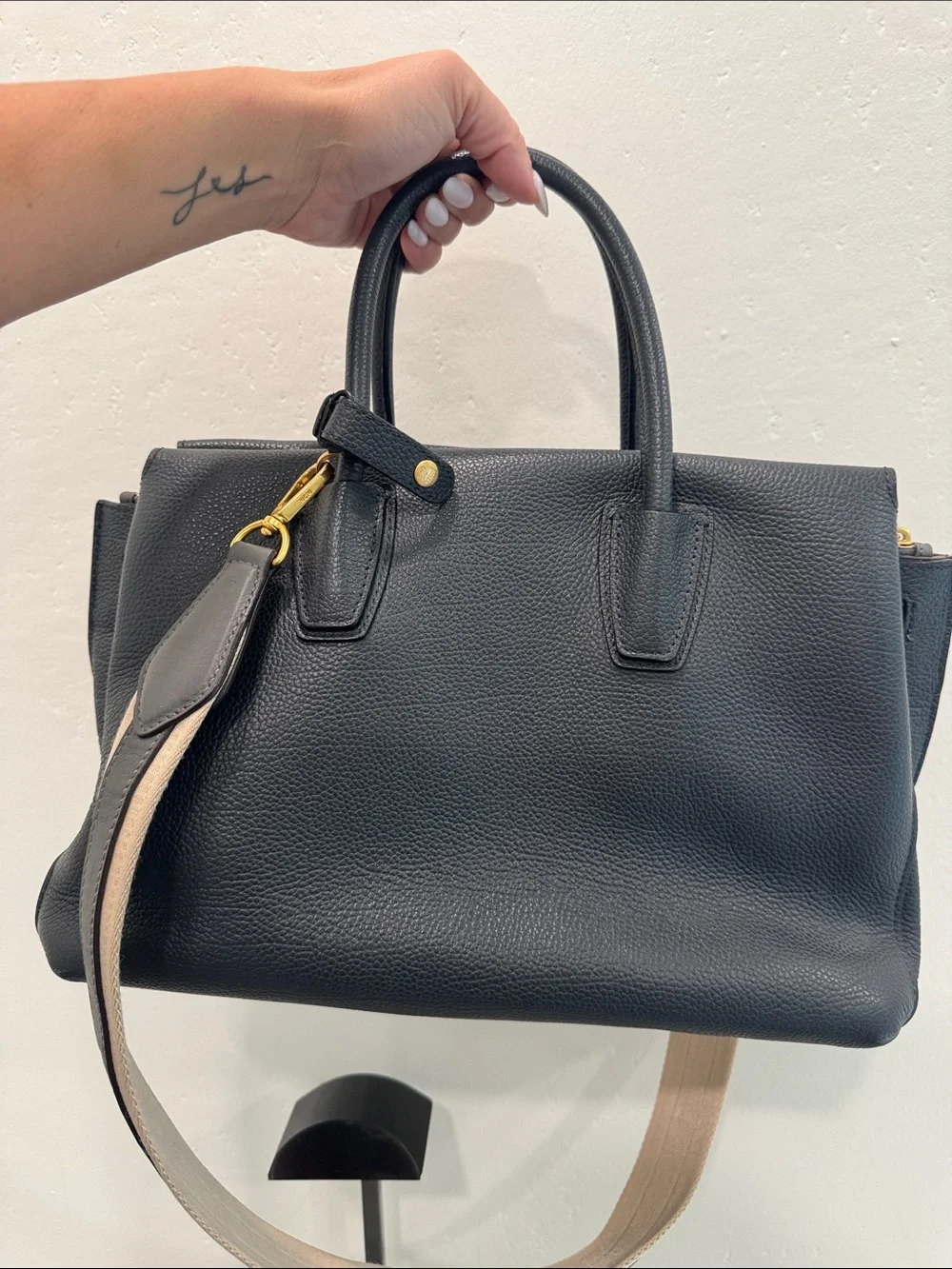 MCM Dark Gray Leather Satchel with Contrast Strap